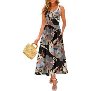 Women's Boho Black Spring Adjustable Spaghetti Strap Floral Beach Long Maxi